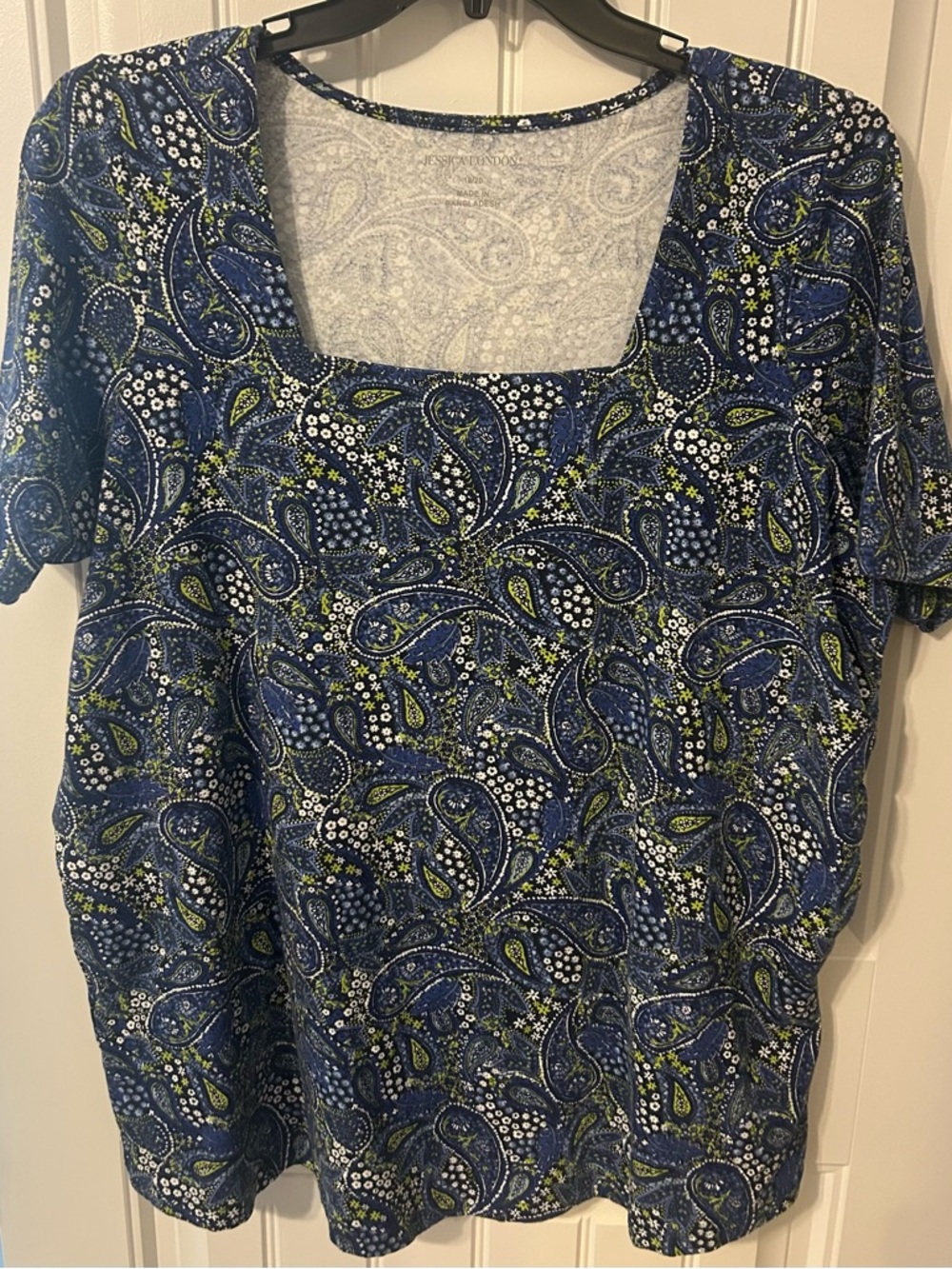 Jessica London Blue Paisley Square-Neck Tee WITH POCKETS, Green Accents